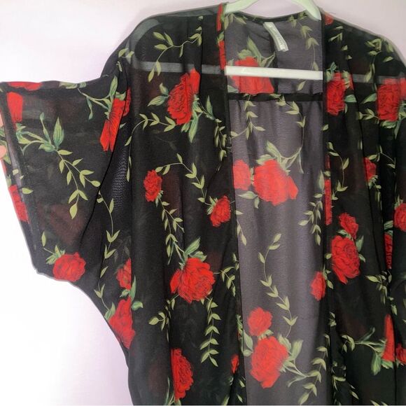 Live 4 Truth S Cardigan Black Sheer Longline Short Sleeve Rose Swim Kimono - Picture 2 of 7
